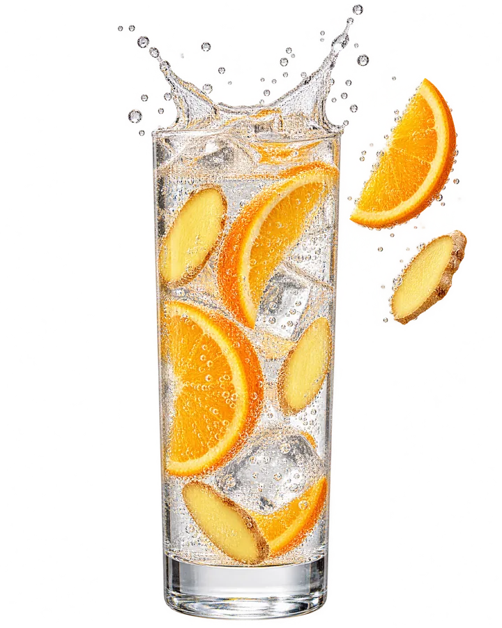 Copo de água com gás com laranja e gengibre