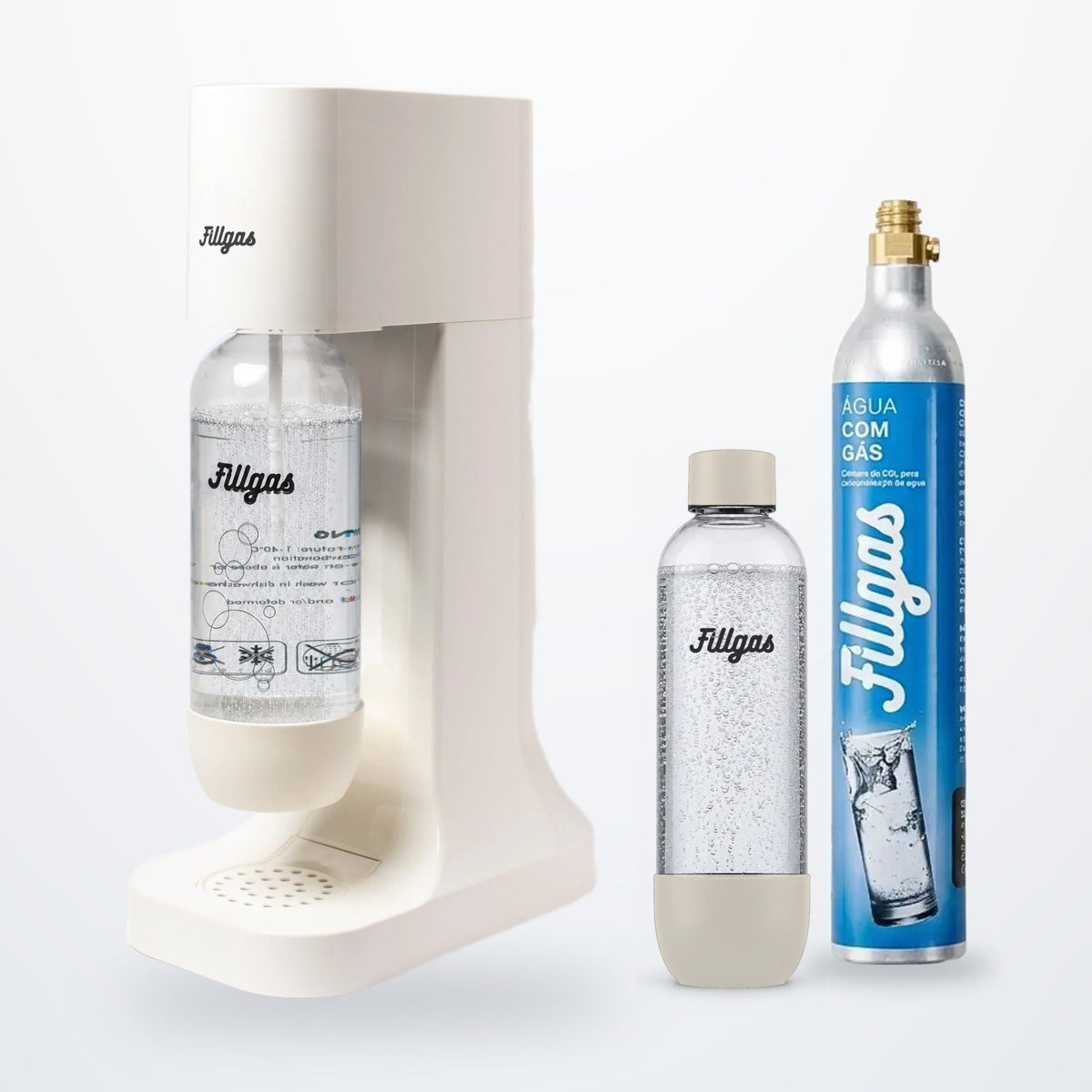 Kit máquina Fillgas branca com 2 garrafas brancas e 1 cilindro de CO2 extra