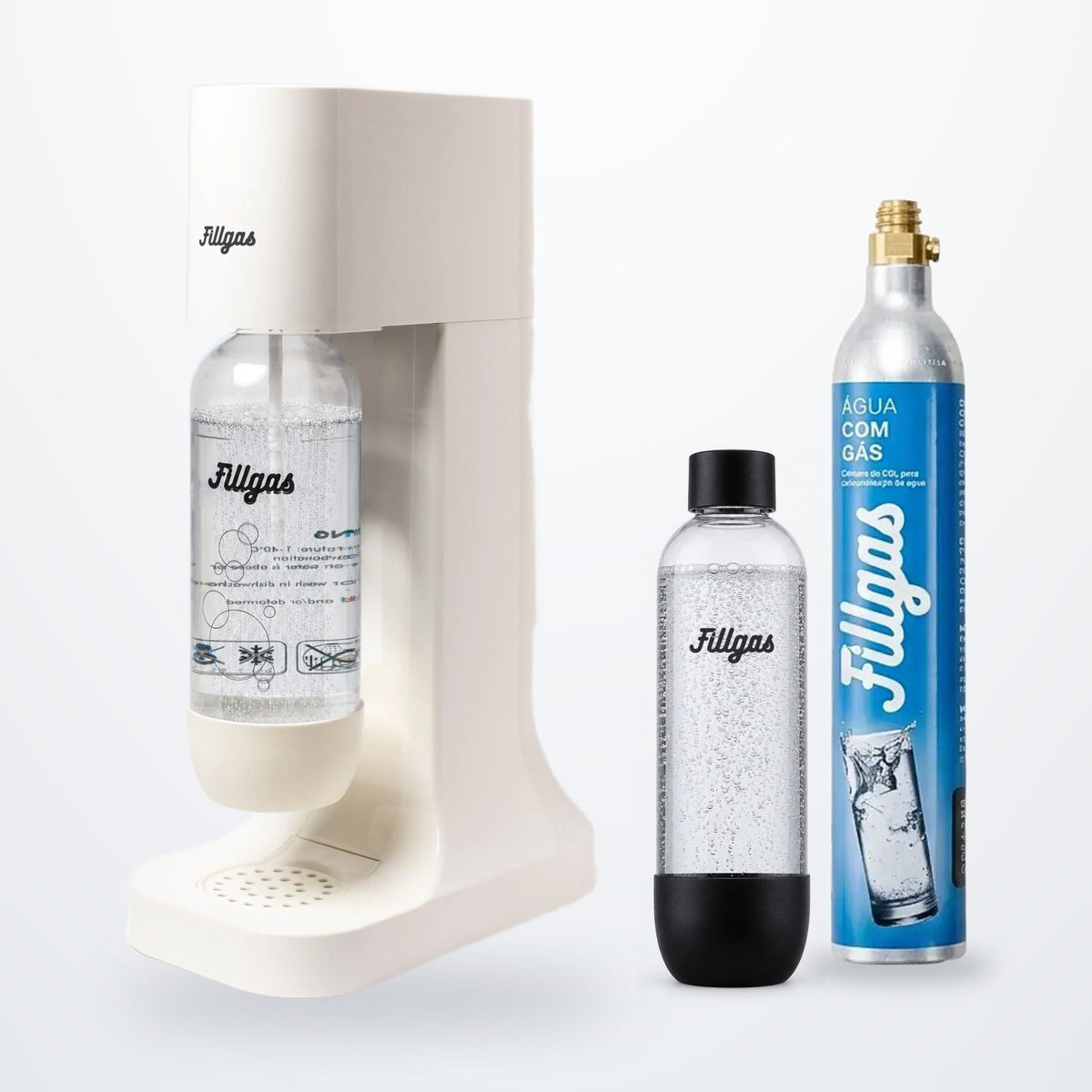 Kit máquina Fillgas branca com garrafa branca, 1 garrafa extra preta e 1 cilindro de CO2 extra