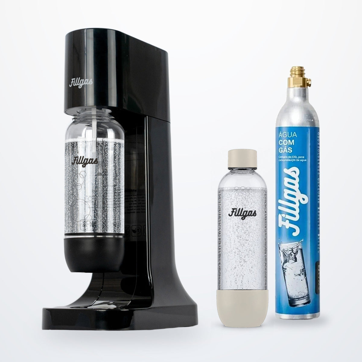 Kit máquina Fillgas preta com garrafa preta, 1 garrafa extra branca e 1 cilindro de CO2 extra