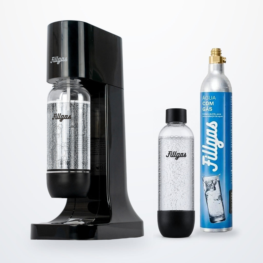Kit máquina Fillgas preta com 2 garrafas pretas e 1 cilindro de CO2 extra