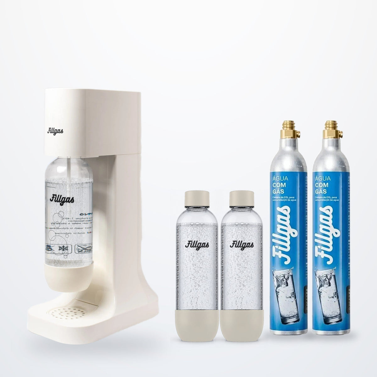Kit máquina Fillgas branca com 3 garrafas brancas e 2 cilindros de CO2 extras