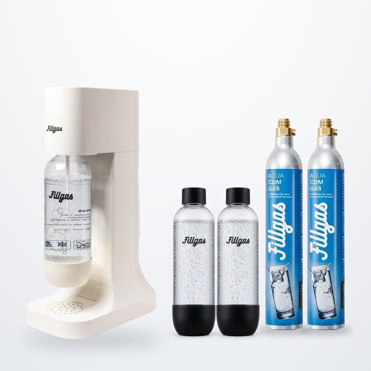 Kit máquina Fillgas branca com garrafa branca, 2 garrafas extras pretas e 2 cilindros de CO2 extras