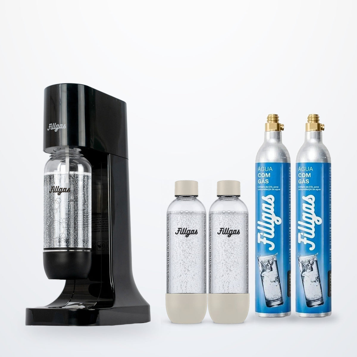 Kit máquina Fillgas preta com garrafa preta, 2 garrafas extras brancas e 2 cilindros de CO2 extras