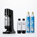 Kit máquina Fillgas preta com 3 garrafas pretas e 2 cilindros de CO2 extras
