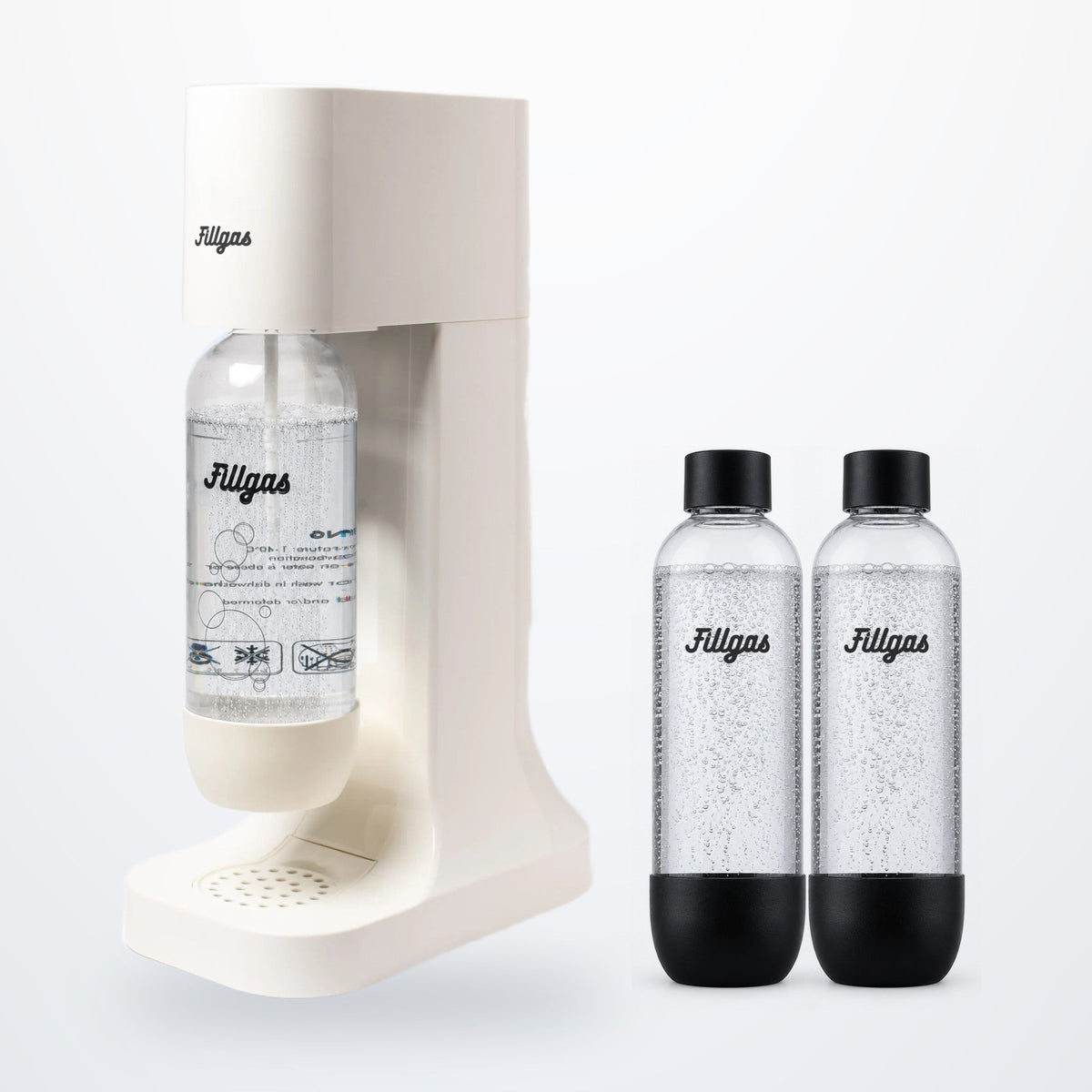 Kit máquina Fillgas branca com garrafa branca e 2 garrafas extras pretas