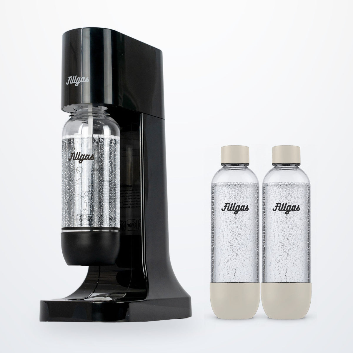 Kit máquina Fillgas preta com garrafa preta e 2 garrafas extras brancas