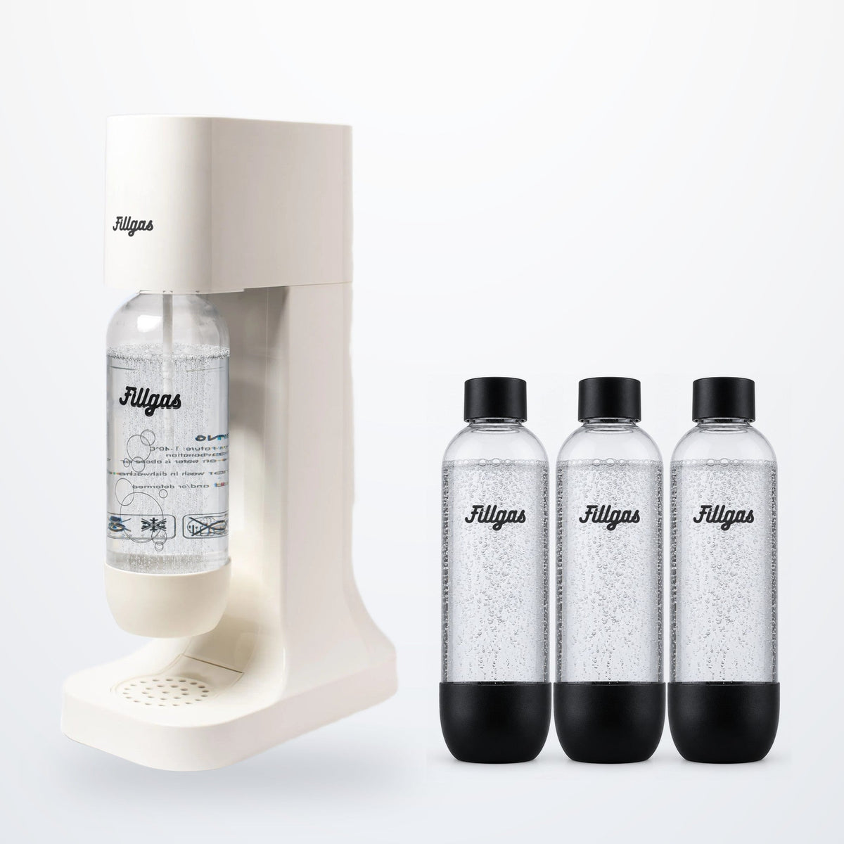 Kit máquina Fillgas branca com garrafa branca e 3 garrafas extras pretas