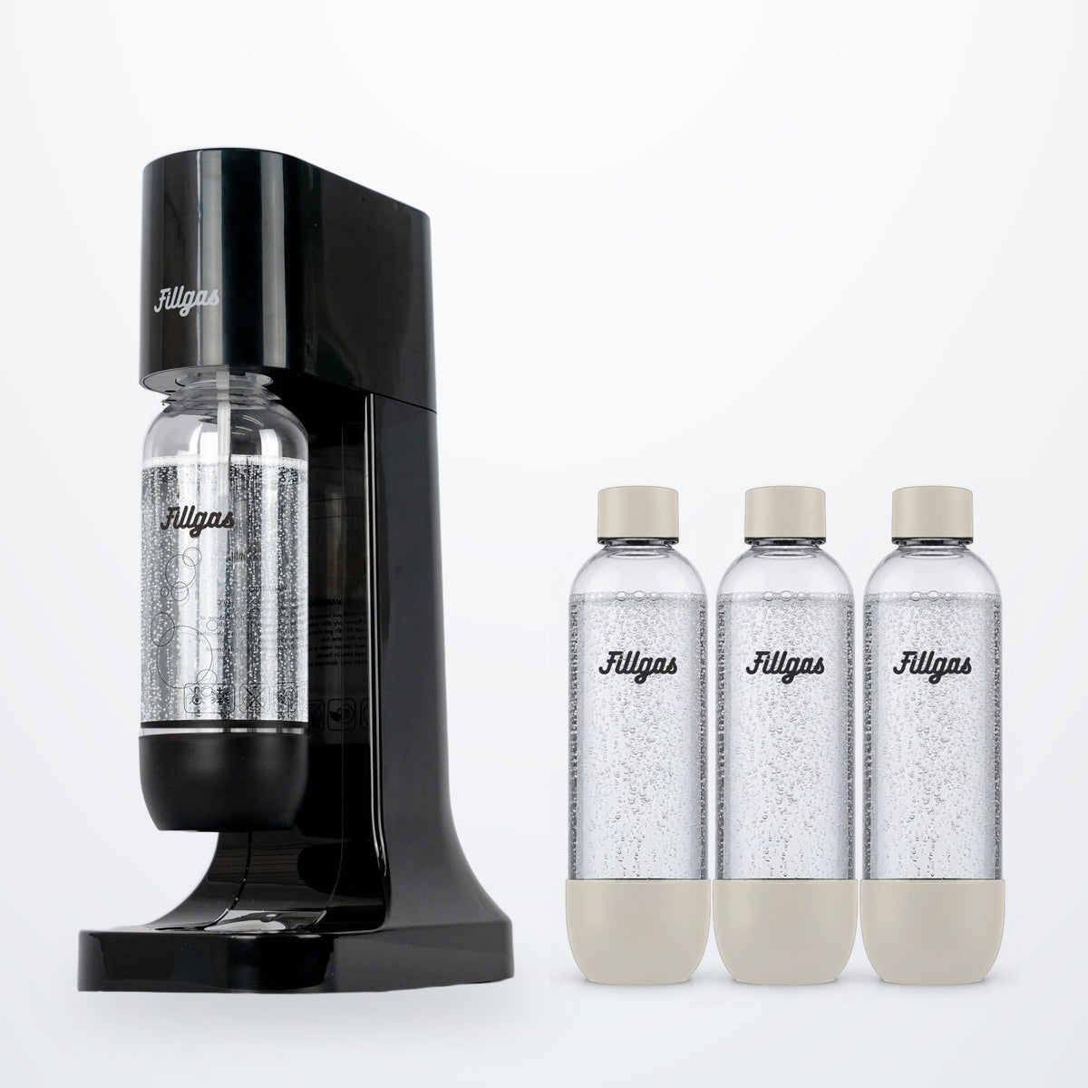 Kit máquina Fillgas preta com garrafa preta e 3 garrafas extras brancas