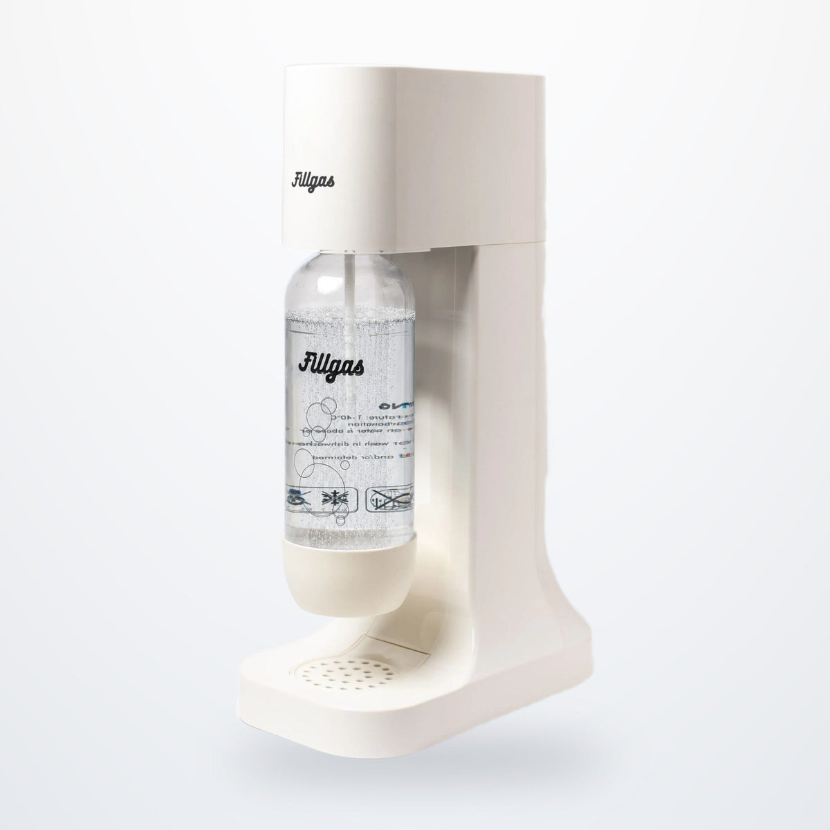 Máquina para gaseificar água Fillgas branca com garrafa de água com gás