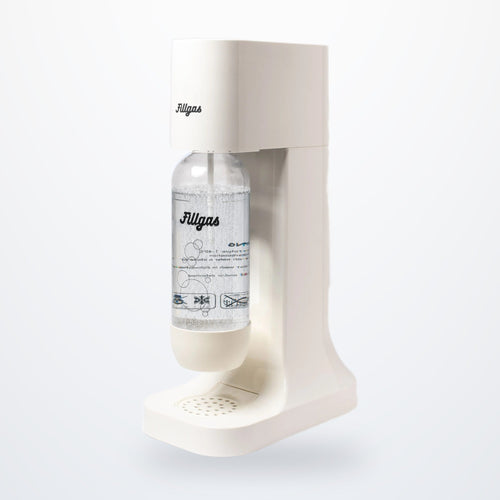 Máquina para gaseificar água Fillgas branca com garrafa de água com gás