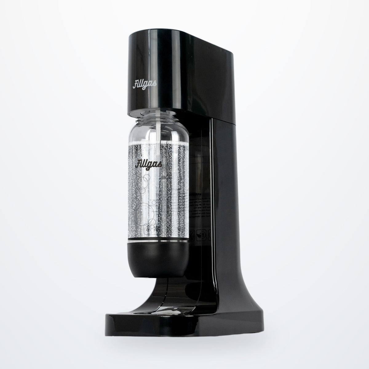 Máquina para gaseificar água Fillgas preta com garrafa de água com gás