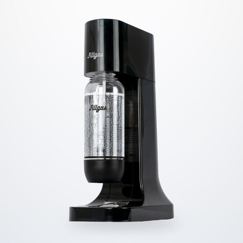 Máquina para gaseificar água Fillgas preta com garrafa de água com gás